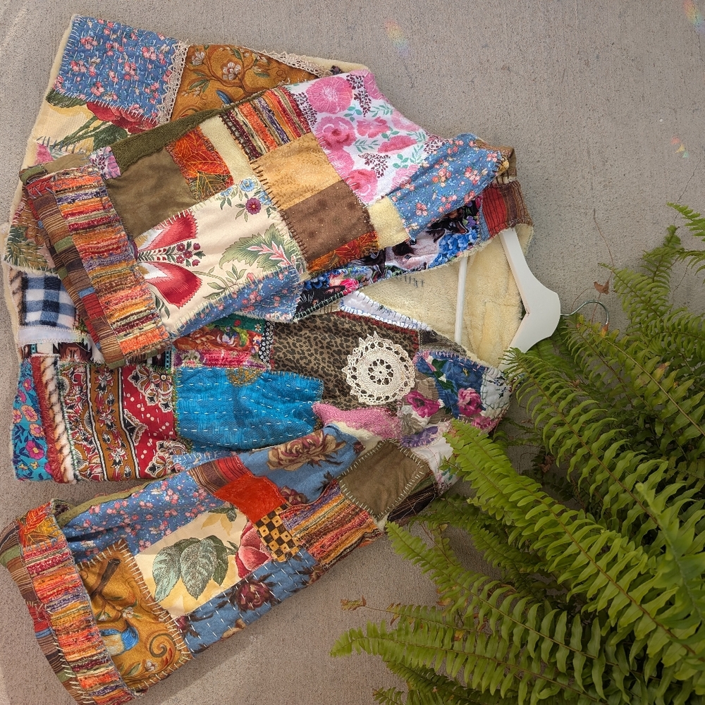 Handmade Boho Hippie Handstitched Patchwork Jacket Upcycled Appliqué Oversized - Picture 11 of 14